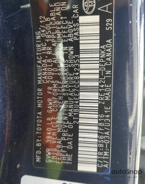 2012 Toyota Corolla Base из США, поврежденный, VIN 2T1BU4EE7CC842353